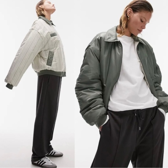 TopShop Reversible Bomber Sage Green NWOT - Picture 1 of 10